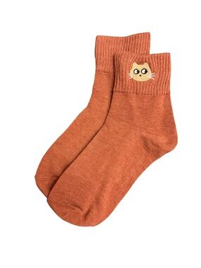 Cute Cat Embroidered Low Crew Socks Rust Orange Brown Womens One Size